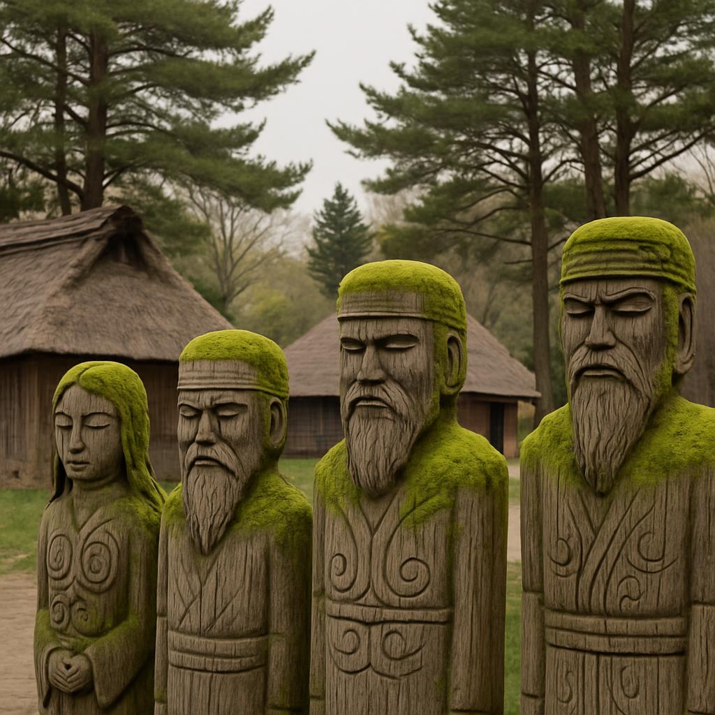 A procession of four intricately carved stone statues, each with unique facial expressions and dressed in traditional clot...