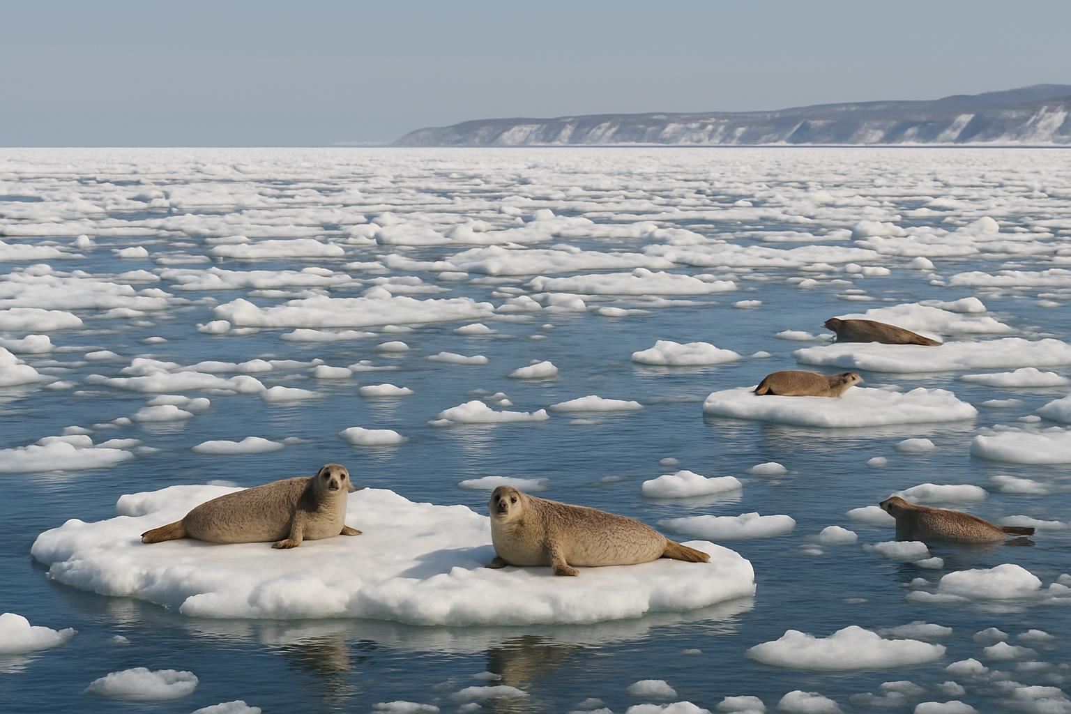 Here's the alt text in under 100 characters: "Several seals on a sheet of ice in the ocean, alpine landscape in the backgr...