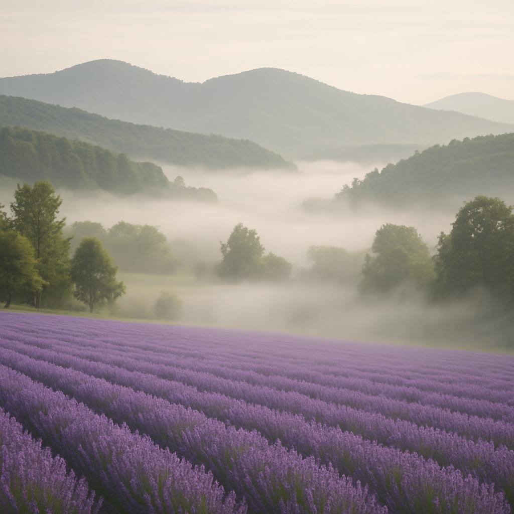 Lavender field in the mountains, misty landscape.