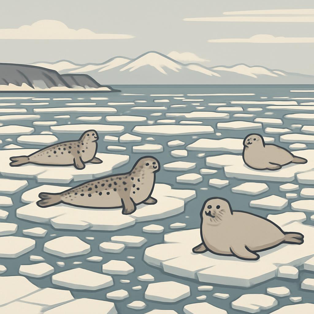 A cartoon-style illustration of four disk-shaped seals floating on an icy sea with mountains in the background.