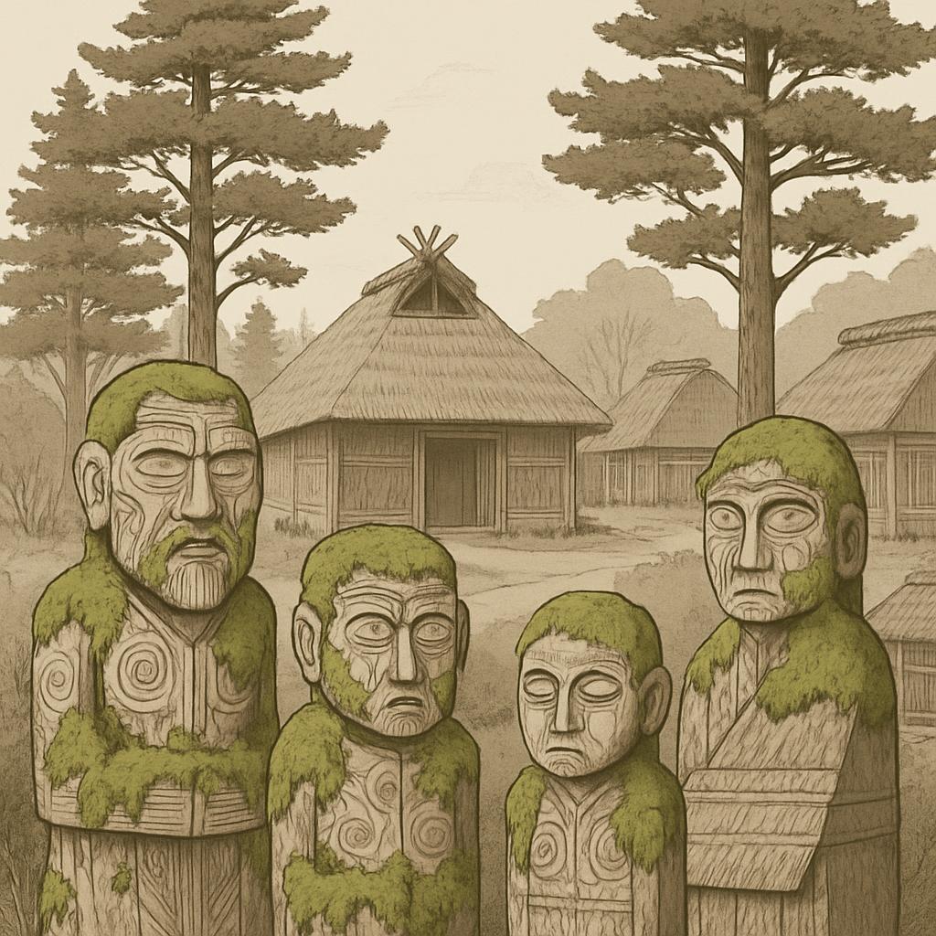 Four wooden totem heads with decorative carvings, displaying a somber expression with downward slanted eyebrows and profil...