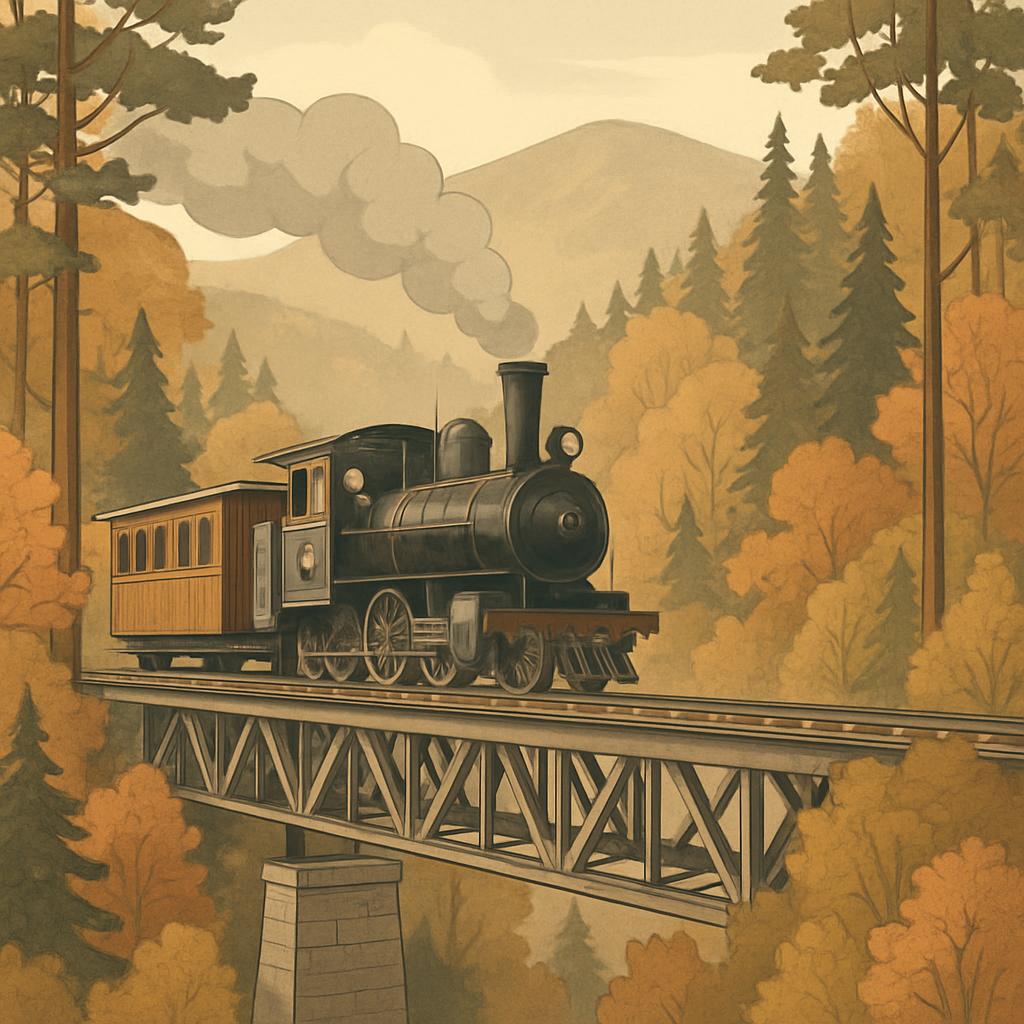 A vintage train on a bridge, fading into a distant background of trees and mountains, with an autumn mist.