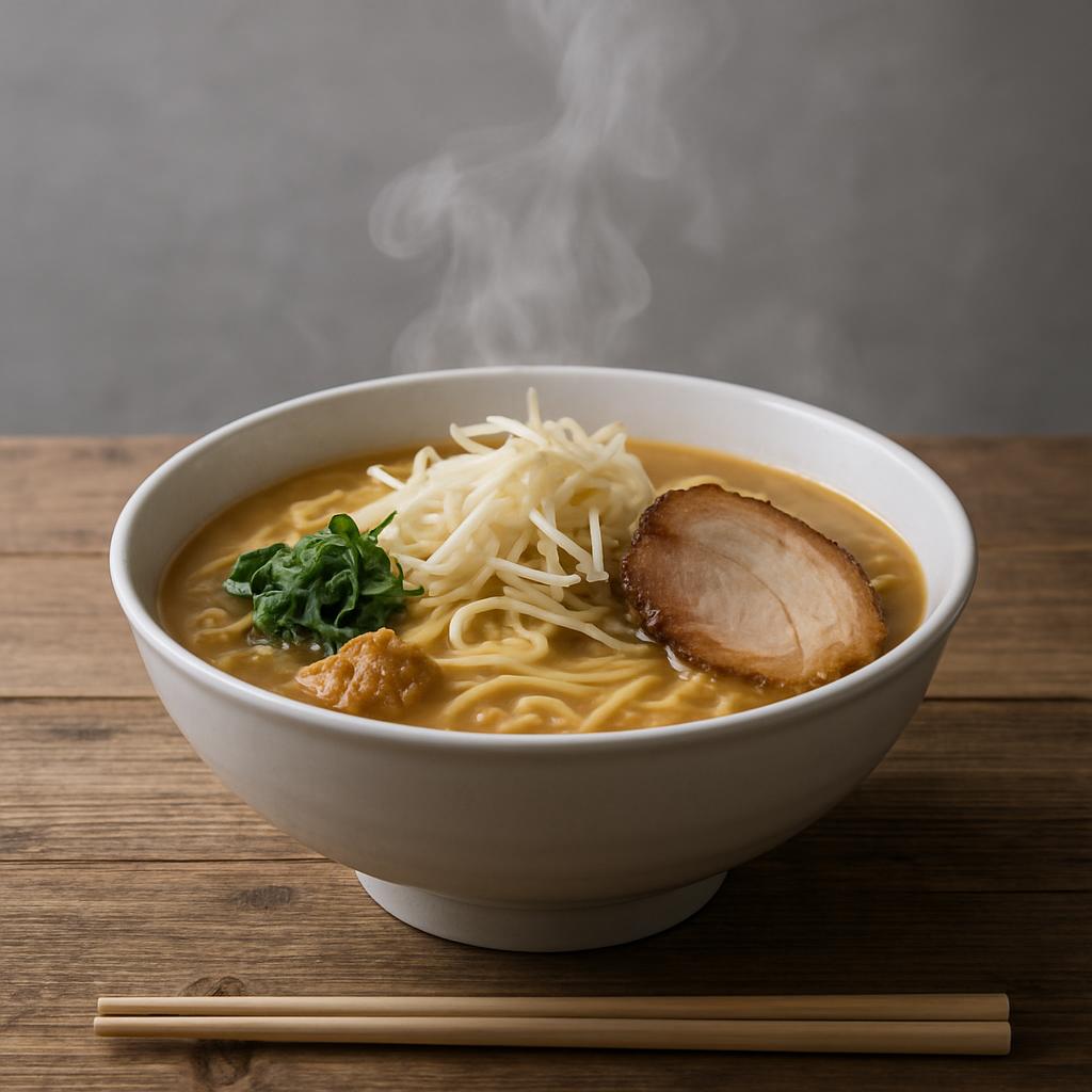 A large white bowl of ramen noodles with a variety of toppings, including meat and vegetables. The bowl is placed on a bro...