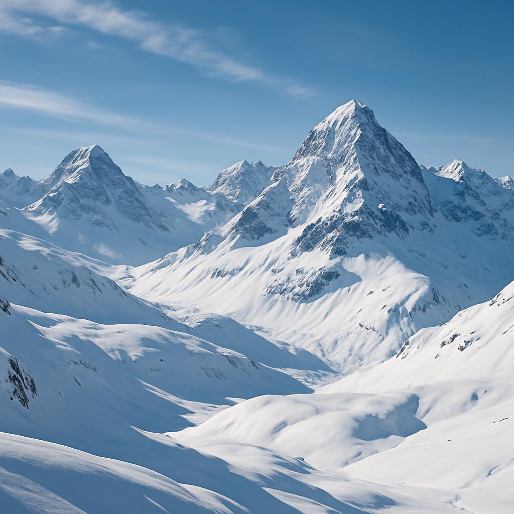 A snowy mountain range under a blue sky. The peaks are steep, distinctive, and majestic.